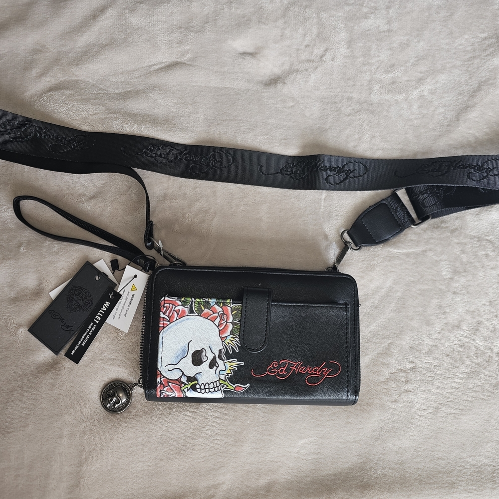 Ed Hardy Black Crossbody with Skull and Rose